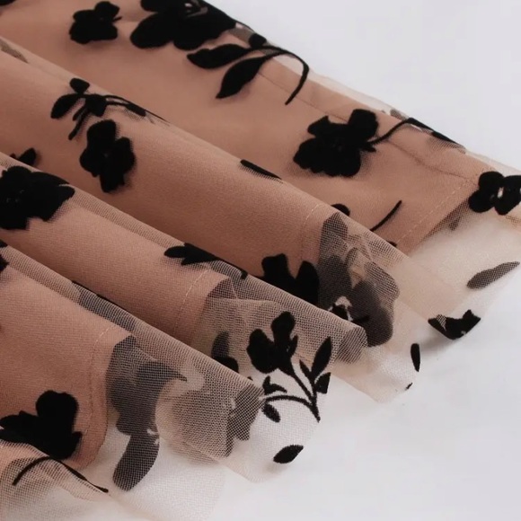 New Floral Print Mesh Lined Overlay Camel Caramel Tan Skirt Midi Maxi Black NWT - Picture 10 of 16